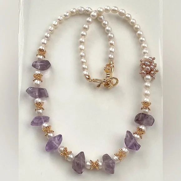 GP47-Handmade Natural Amethyst And Natural Freshwater Baby Pearl Necklace - Picture 3 of 13